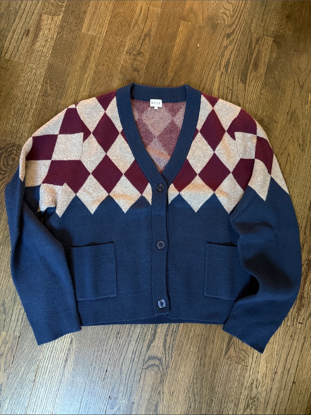 KULE Navy, Burgundy & Cream Argyle V‑Neck Cardigan
